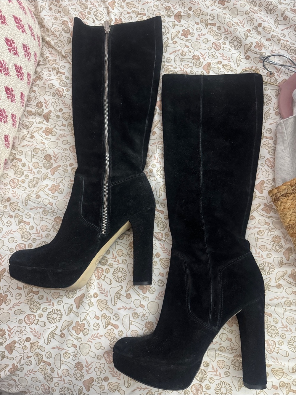 Michael Kors Black Suede Knee-High Platform Boots with Side Zip